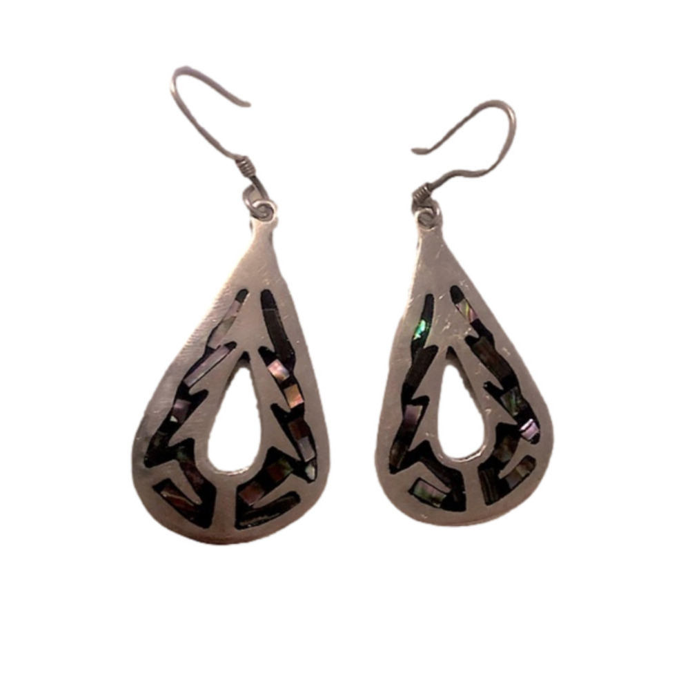 VTG Taxco Sterling Silver & Abalone Inlay Teardrop Pear Shape Earrings 1.9”
